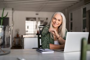 happy woman working from home, flexible working