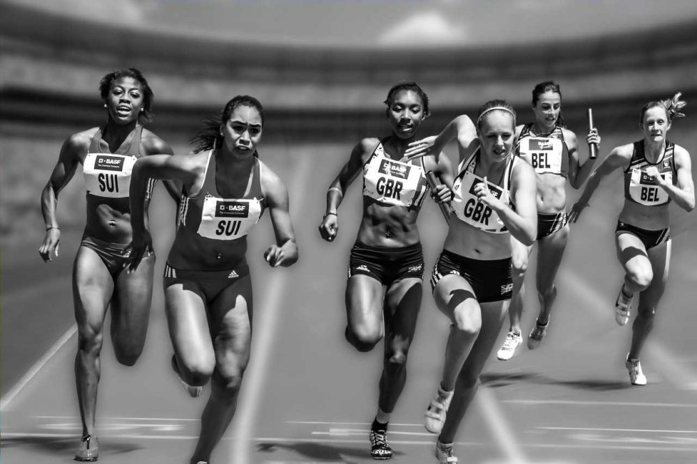 athletes running in a relay race, competitive edge