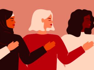 Four young strong women or girls standing together. Group of friends or feminist activists support each other. Feminism concept, girl power poster