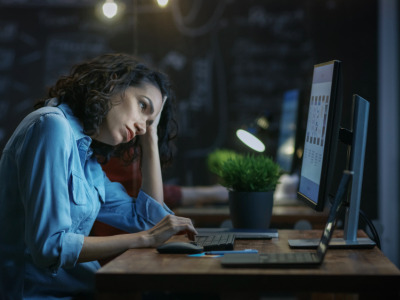 Tired, Overworked Female Financier Holds Her Head in Hands while Working on a Personal Computer