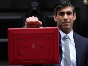 Chancellor of the Exchequer Rishi Sunak hold red box outside 11 Downing Street