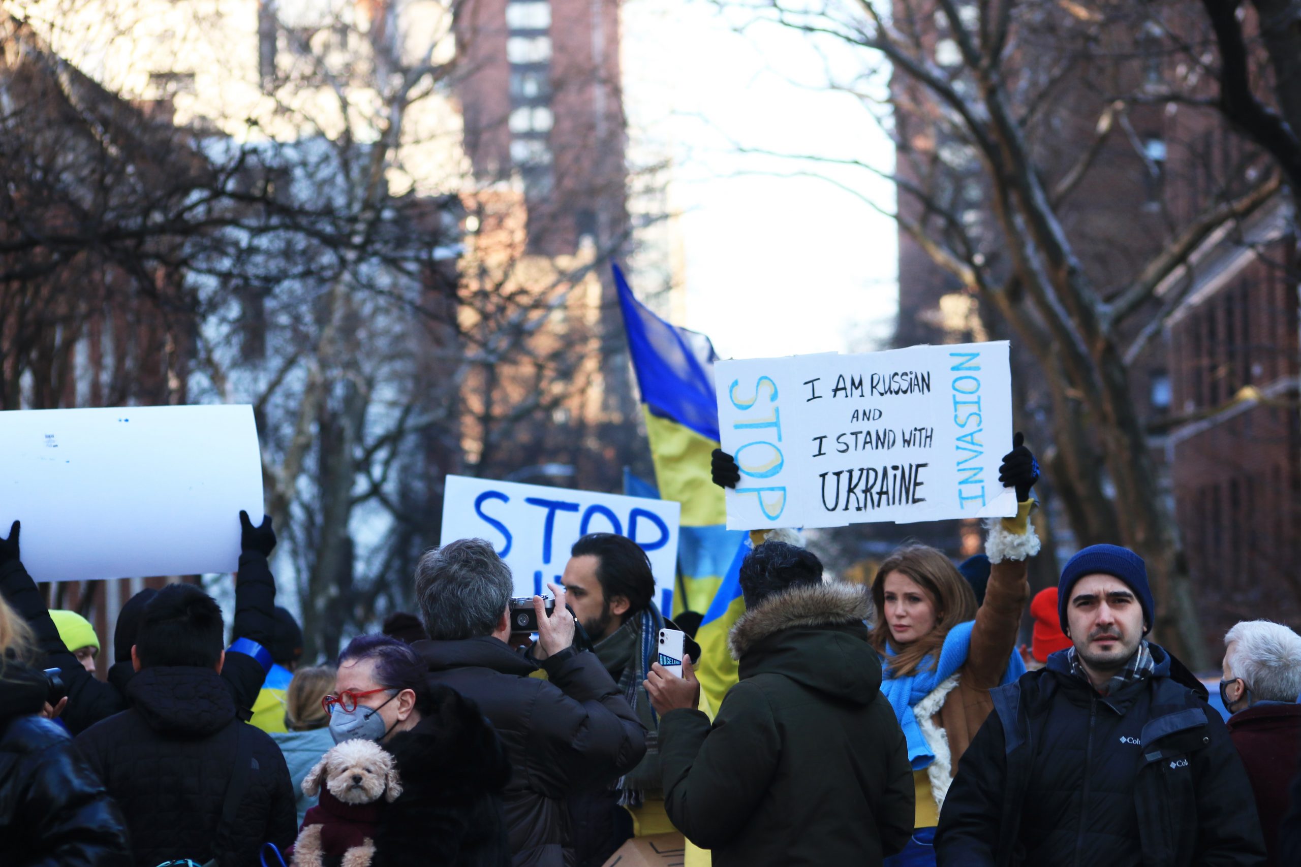 Protesters gathered outside of Russian Consulate in uptown New York City to protest Russian's invasion in Ukraine.