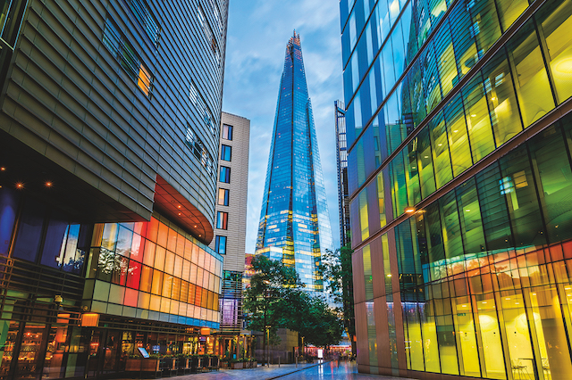 Street view of modern buildings in London, including The Shard