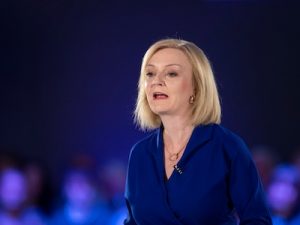 Liz Truss speaking at Conservative Party Hustings in Cardiff