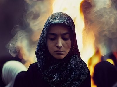 Woman in Iran with flames behind her