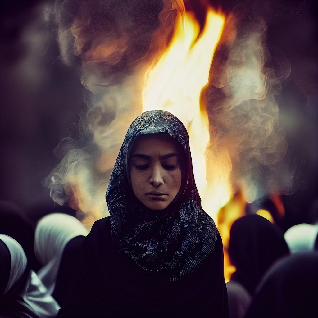 3d rendering of woman in Iran wearing a hijab with fire in the background, protesting in the streets, fighting for women's rights
