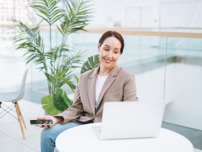 Businesswoman working remotely, resigning from job