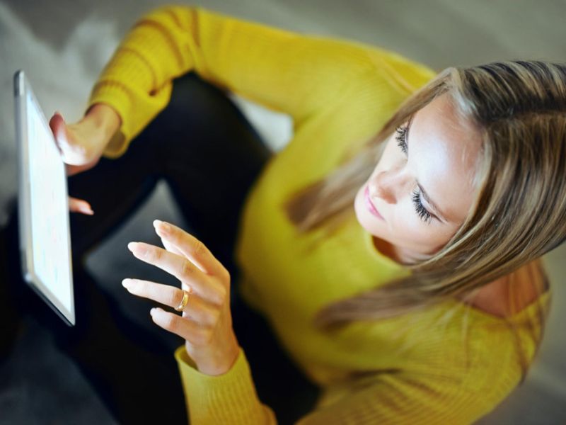 Home digital app and woman with a tablet connection and internet with social